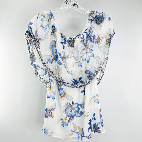 WHITE HOUSE BLACK MARKET White Blue Floral Off-Shoulder Beaded Boho Top Size XXS - Picture 3 of 16